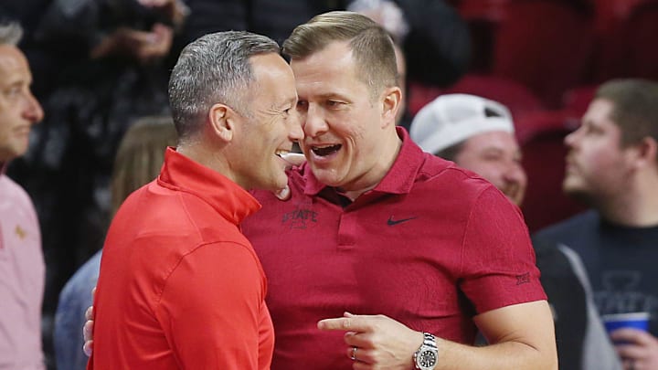 Iowa State Cyclones men's basketball head coach T. J. Otzelberger greets Texas Tech Red Raiders men's basketball head coach Grant McCasland before the game in the Big-12 conference showdown of a NCAA college basketball at Hilton Coliseum on Feb. 17, 2024, in Ames, Iowa. Iowa State Cyclones men's basketball head coach T. J. Otzelberger greets Texas Tech Red Raiders men's basketball head coach Grant McCasland before the game in the Big-12 conference showdown of a NCAA college basketball at Hilton Coliseum on Feb. 17, 2024, in Ames, Iowa.