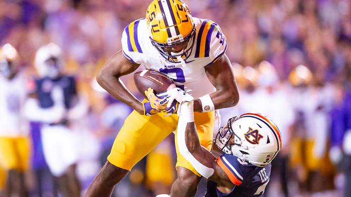WR Kyren Lacey 2 runs the ball as the LSU Tigers take on the Auburn Tigers at Tiger Stadium in Baton Rouge, Louisiana, Saturday, Oct. 14, 2023. WR Kyren Lacey 2 runs the ball as the LSU Tigers take on the Auburn Tigers at Tiger Stadium in Baton Rouge, Louisiana, Saturday, Oct. 14, 2023.