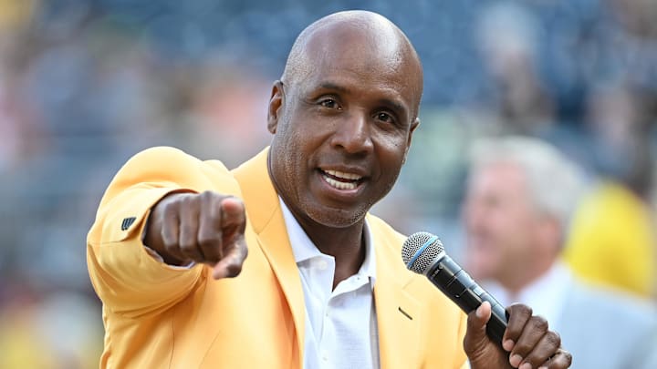 Aug 24, 2024; Pittsburgh, Pennsylvania, USA;  Barry Bonds addresses the fans after being inducted into the Pittsburgh Pirates Hall of Fame at PNC Park. Mandatory Credit: Philip G. Pavely-Imagn Images