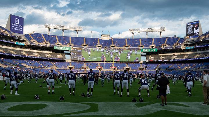 Aug 8, 2019; Baltimore, MD, USA; Baltimore Ravens warms up before the game against the Jacksonville Jaguars at M&T Bank Stadium. Mandatory Credit: Tommy Gilligan-USA TODAY Sports Aug 8, 2019; Baltimore, MD, USA; Baltimore Ravens warms up before the game against the Jacksonville Jaguars at M&T Bank Stadium. Mandatory Credit: Tommy Gilligan-USA TODAY Sports