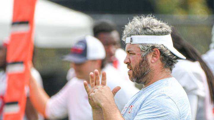 Ole Miss defensive coordinator Pete Golding signals during football practice in Oxford, Miss. on Friday, Aug. 11, 2023. Ole Miss defensive coordinator Pete Golding signals during football practice in Oxford, Miss. on Friday, Aug. 11, 2023.