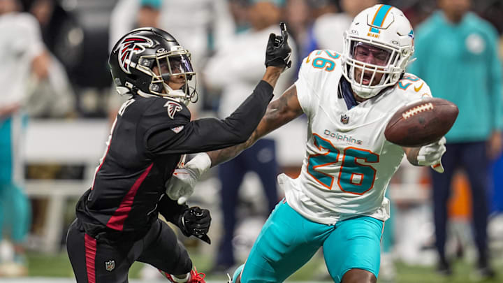 Miami Dolphins cornerback Rasul Douglas (26) is called for pass interference while defending Atlanta Falcons wide receiver Darnell Mooney (1) during the second half at Mercedes-Benz Stadium in Week 8.