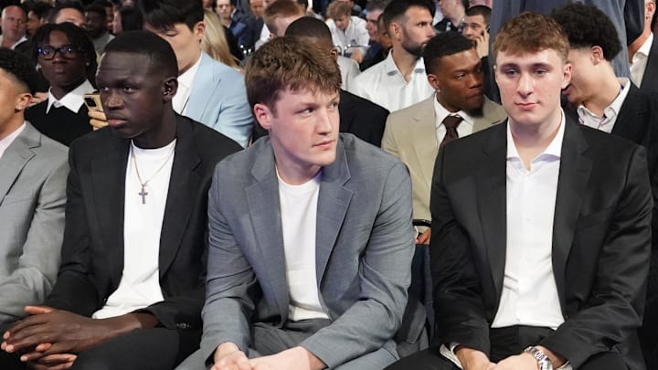 May 12, 2025; Chicago, Illinois, US; Duke players R-L Cooper Flagg, Kon Knueppel,and Khaman Maluach. during the 2025 NBA Draft Lottery at McCormick Place. Mandatory Credit: David Banks-Imagn Images