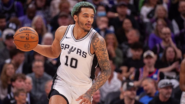 Mar 7, 2025; Sacramento, California, USA; San Antonio Spurs forward Jeremy Sochan (10) pushes the ball up the court during the fourth quarter of the game against the Sacramento Kings at Golden 1 Center. Mandatory Credit: Ed Szczepanski-Imagn Images