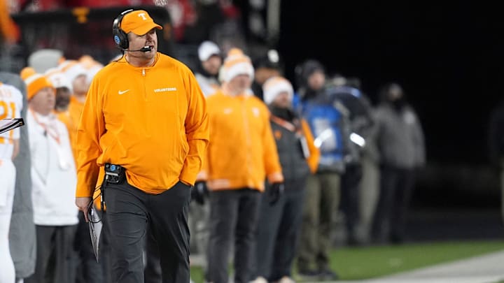 Tennessee football coach Josh Heupel paces the sidelines during the NCAA college football playoff game against Ohio State on Saturday, Dec. 21, 2024, in Columbus, Ohio.