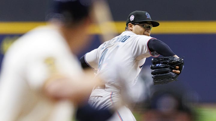 Sep 11, 2023; Milwaukee, Wisconsin, USA;  Miami Marlins pitcher Jesus Luzardo (44) throws a pitch during the first inning against the Milwaukee Brewers at American Family Field.