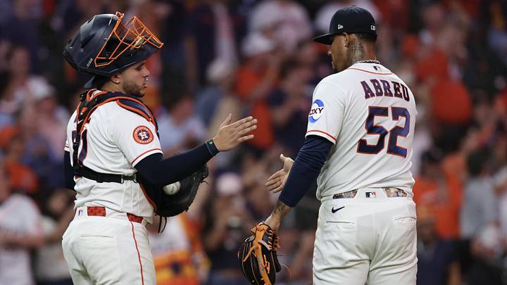 Mar 28, 2026; Houston, Texas, USA; Houston Astros pitcher Bryan Abreu (52) shakes hands with catcher Yainer Diaz (21) after defeating the Los Angeles Angels at Daikin Park. Mar 28, 2026; Houston, Texas, USA; Houston Astros pitcher Bryan Abreu (52) shakes hands with catcher Yainer Diaz (21) after defeating the Los Angeles Angels at Daikin Park.