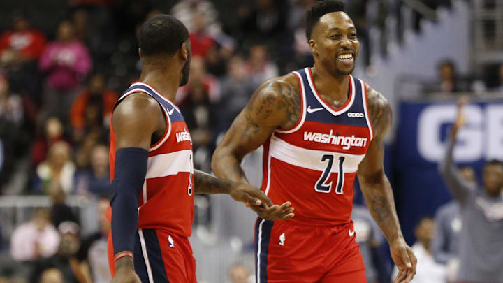 Nov 14, 2018; Washington, DC, USA; Washington Wizards center Dwight Howard (21) celebrates with Wizards guard John Wall (2) against the Cleveland Cavaliers in the second quarter at Capital One Arena. Mandatory Credit: Geoff Burke-Imagn Images Nov 14, 2018; Washington, DC, USA; Washington Wizards center Dwight Howard (21) celebrates with Wizards guard John Wall (2) against the Cleveland Cavaliers in the second quarter at Capital One Arena. Mandatory Credit: Geoff Burke-Imagn Images