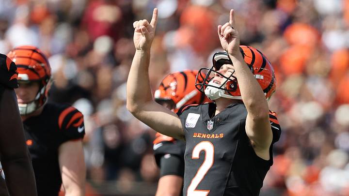Cincinnati Bengals kicker Evan McPherson (2) reacts after kicking a field goal during the second quarter against the Jacksonville Jaguars at Paycor Stadium. Cincinnati Bengals kicker Evan McPherson (2) reacts after kicking a field goal during the second quarter against the Jacksonville Jaguars at Paycor Stadium.