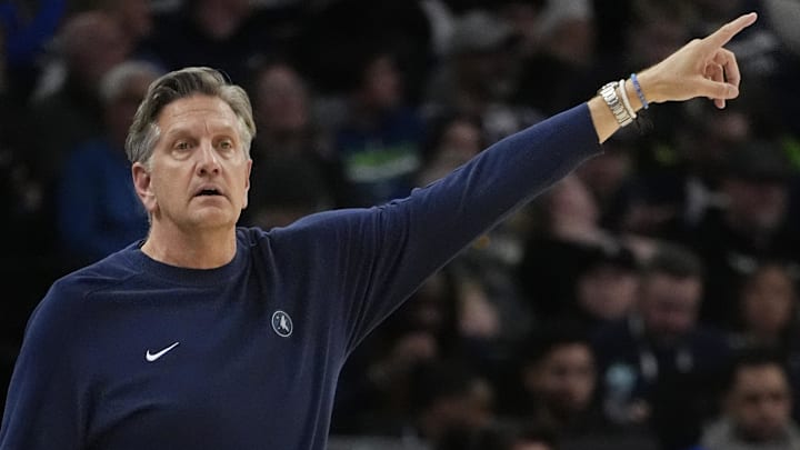 Minnesota Timberwolves head coach Chris Finch directs his team as they play the New Orleans Pelicans in the third quarter at Target Center in Minneapolis on March 21, 2025.