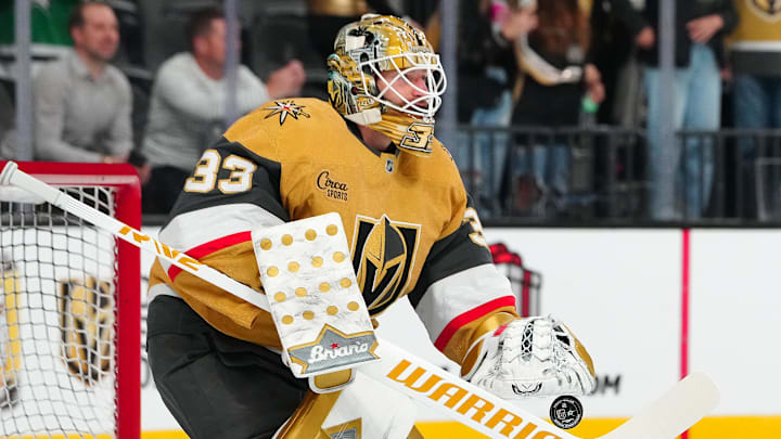 Dec 6, 2024; Las Vegas, Nevada, USA; Vegas Golden Knights goaltender Adin Hill (33) warms up before a game against the Dallas Stars at T-Mobile Arena. Mandatory Credit: Stephen R. Sylvanie-Imagn Images Dec 6, 2024; Las Vegas, Nevada, USA; Vegas Golden Knights goaltender Adin Hill (33) warms up before a game against the Dallas Stars at T-Mobile Arena. Mandatory Credit: Stephen R. Sylvanie-Imagn Images