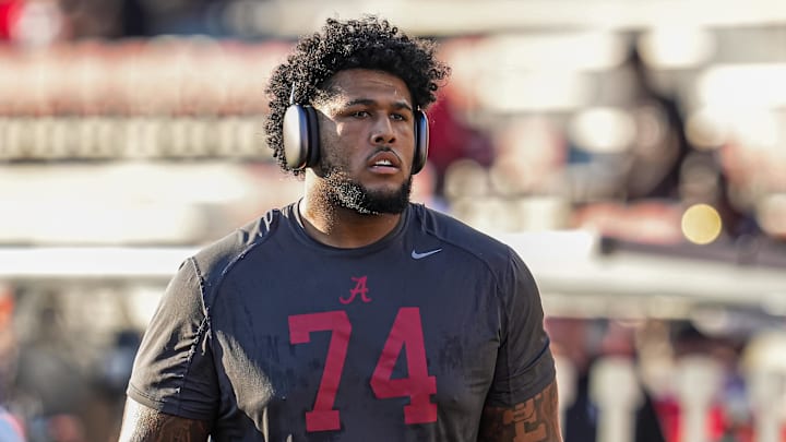Sep 27, 2025; Athens, Georgia, USA; Alabama Crimson Tide offensive lineman Kadyn Proctor (74) on the field before the game against the Georgia Bulldogs at Sanford Stadium. Mandatory Credit: Dale Zanine-Imagn Images Sep 27, 2025; Athens, Georgia, USA; Alabama Crimson Tide offensive lineman Kadyn Proctor (74) on the field before the game against the Georgia Bulldogs at Sanford Stadium. Mandatory Credit: Dale Zanine-Imagn Images