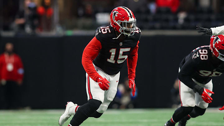 Dec 22, 2024; Atlanta, Georgia, USA; Atlanta Falcons linebacker Matthew Judon (15) rushes the passer against the New York Giants in the fourth quarter at Mercedes-Benz Stadium. Mandatory Credit: Brett Davis-Imagn Images

