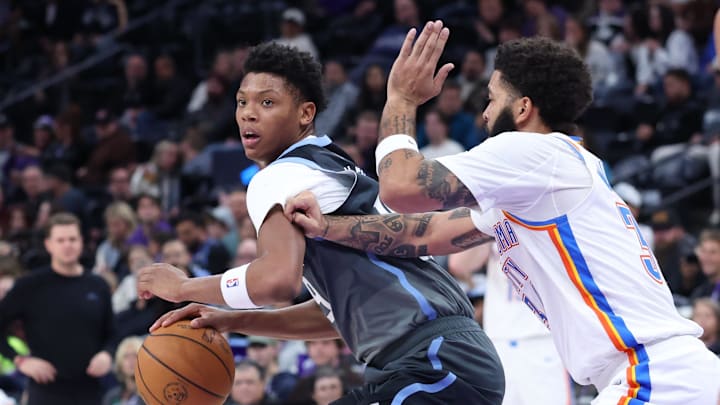 Dec 7, 2025; Salt Lake City, Utah, USA; Utah Jazz guard Ace Bailey (19) looks for the play as Oklahoma City Thunder guard Kenrich Williams (34) defends during the second half at Delta Center. Mandatory Credit: Rob Gray-Imagn Images Dec 7, 2025; Salt Lake City, Utah, USA; Utah Jazz guard Ace Bailey (19) looks for the play as Oklahoma City Thunder guard Kenrich Williams (34) defends during the second half at Delta Center. Mandatory Credit: Rob Gray-Imagn Images