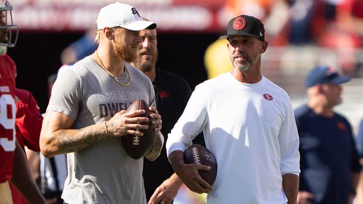 Aug 19, 2023; Santa Clara, California, USA; San Francisco 49ers tight end George Kittle (85) , left, speaks with head coach Kyle Shanahan before the start of the first quarter against the Denver Broncos at Levi's Stadium. Mandatory Credit: Stan Szeto-USA TODAY Sports Aug 19, 2023; Santa Clara, California, USA; San Francisco 49ers tight end George Kittle (85) , left, speaks with head coach Kyle Shanahan before the start of the first quarter against the Denver Broncos at Levi's Stadium. Mandatory Credit: Stan Szeto-USA TODAY Sports