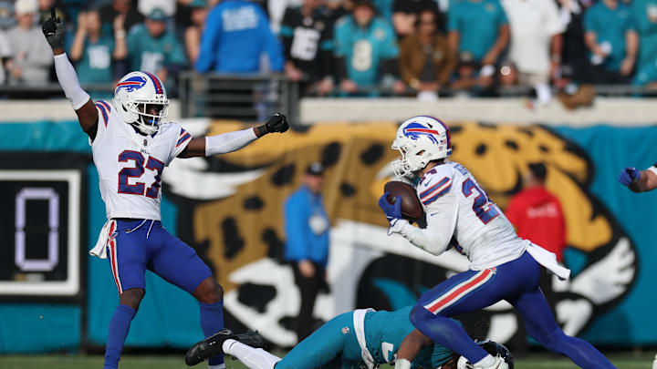 Buffalo Bills safety Cole Bishop catches an interception during the second half against the Jacksonville Jaguars.