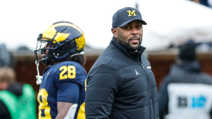 Michigan head coach Sherrone Moore watches a play during the second half of the spring game at Michigan Stadium in Ann Arbor on Saturday, April 20, 2024.