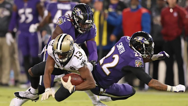 Oct 21, 2018; Baltimore, MD, USA; New Orleans Saints wide receiver Michael Thomas(13) tackled after