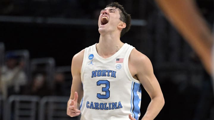 Mar 28, 2024; Los Angeles, CA, USA;  North Carolina Tar Heels guard Cormac Ryan (3) reacts in the first half against the Alabama Crimson Tide in the semifinals of the West Regional of the 2024 NCAA Tournament at Crypto.com Arena. Mandatory Credit: Jayne Kamin-Oncea-Imagn Images