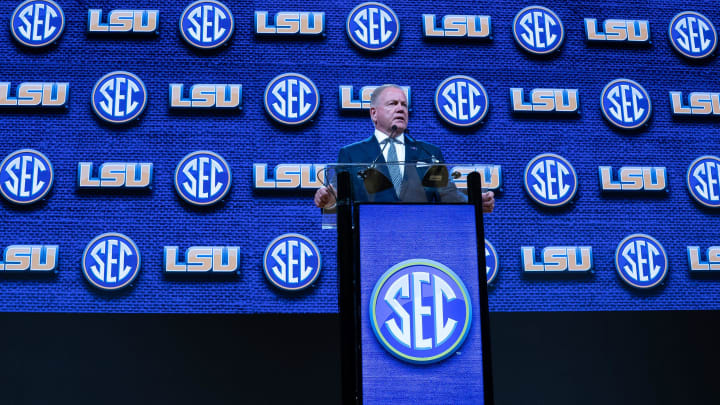 LSU Head Coach Brian Kelly addresses the media at the 2023 SEC Football Kickoff Media Days at the Nashville Grand Hyatt on Broadway, Monday, July 17, 2023.