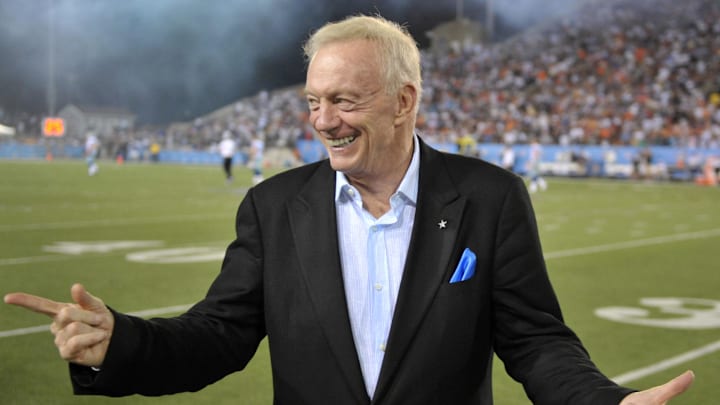 Aug 8, 2010; Canton, OH, USA; Dallas Cowboys owner Jerry Jones on the sidelines during the preseason game against the Cincinnati Bengals at Fawcett Stadium. Mandatory Credit: Kirby Lee/Image of Sport-Imagn Images Aug 8, 2010; Canton, OH, USA; Dallas Cowboys owner Jerry Jones on the sidelines during the preseason game against the Cincinnati Bengals at Fawcett Stadium. Mandatory Credit: Kirby Lee/Image of Sport-Imagn Images