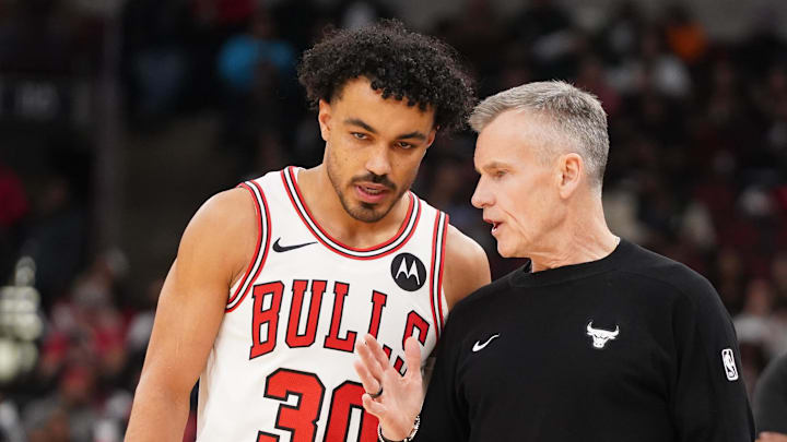 Feb 21, 2026; Chicago, Illinois, USA; Chicago Bulls head coach Billy Donovan talks with guard Tre Jones (30). Mandatory Credit: David Banks-Imagn Images Feb 21, 2026; Chicago, Illinois, USA; Chicago Bulls head coach Billy Donovan talks with guard Tre Jones (30). Mandatory Credit: David Banks-Imagn Images