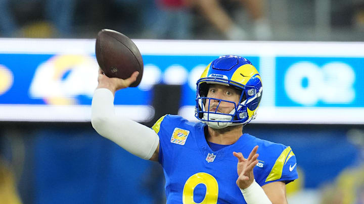 Oct 2, 2025; Inglewood, California, USA; Los Angeles Rams quarterback Matthew Stafford (9) drops back to pass against the San Francisco 49ers during the first half at SoFi Stadium. Mandatory Credit: Kirby Lee-Imagn Images