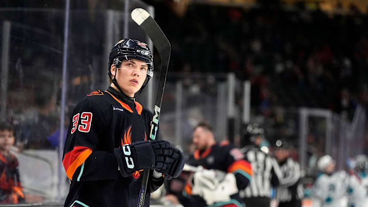 Firebirds forward Jani Nyman (33) scored a goal in the first period against the San Jose Barracuda at Acrisure Arena in Palm Desert, Calif., on Sunday, Feb. 23, 2025.