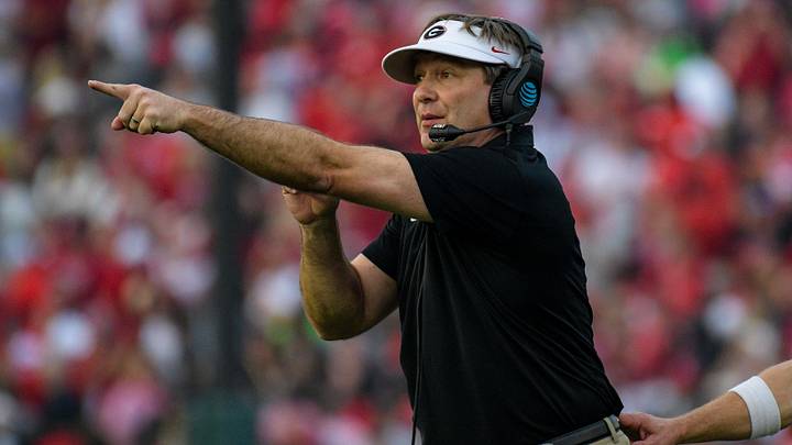 Jan 1, 2018; Pasadena, CA, USA; Georgia Bulldogs head coach Kirby Smart reacts during a game against the Oklahoma Sooners in the 2018 Rose Bowl college football playoff semifinal game at Rose Bowl Stadium. Mandatory Credit: Kirby Lee-Imagn Images