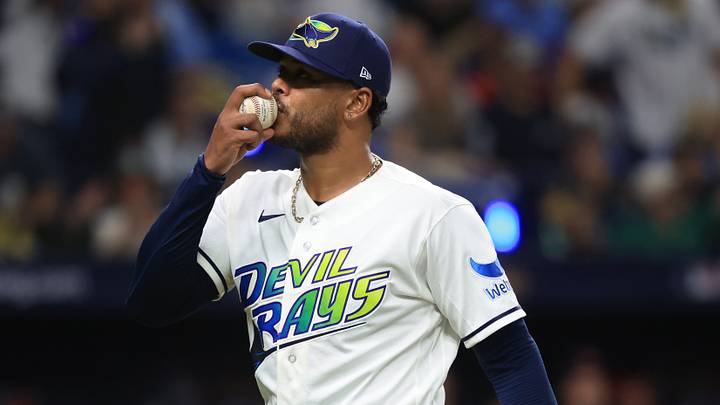 Oct 19, 2026; St. Petersburg, Florida, USA;  Tampa Bay Rays pitcher Freddy Peralta (51) reacts after the inning against the Cleveland Guardians during the third inning in game six of the ALCS for the 2026 MLB Playoffs at Tropicana Field.  Mandatory Credit: Kim Klement Neitzel-Imagn Images