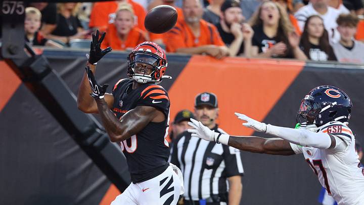 Aug 22, 2026; Cincinnati, Ohio, USA;  Cincinnati Bengals wide receiver Colbie Young (86) catches a touchdown pass over Chicago Bears cornerback Dontae Manning (27) during the second quarter at Paycor Stadium.  Mandatory Credit: Joseph Maiorana-Imagn Images