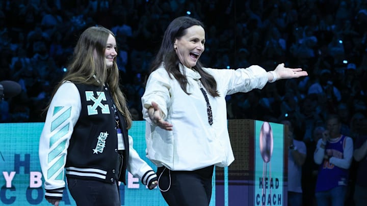 May 17, 2025; Brooklyn, New York, USA; New York Liberty head coach Sandy Brondello walks out for the pregame ceremonies prior to the game against the Las Vegas Aces at Barclays Center. Mandatory Credit: Wendell Cruz-Imagn Images