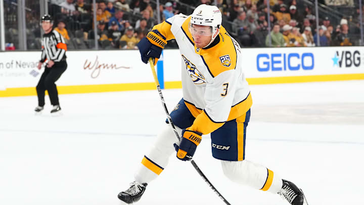 Jan 15, 2024; Las Vegas, Nevada, USA; Nashville Predators defenseman Jeremy Lauzon (3) shoots