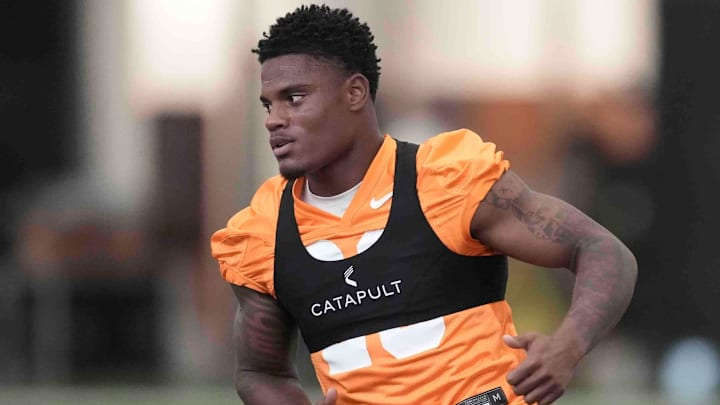 Tennessee defensive back Boo Carter (23) runs during Tennessee football preseason practice, in Knoxville, Tennessee, July 31, 2025. Tennessee defensive back Boo Carter (23) runs during Tennessee football preseason practice, in Knoxville, Tennessee, July 31, 2025.