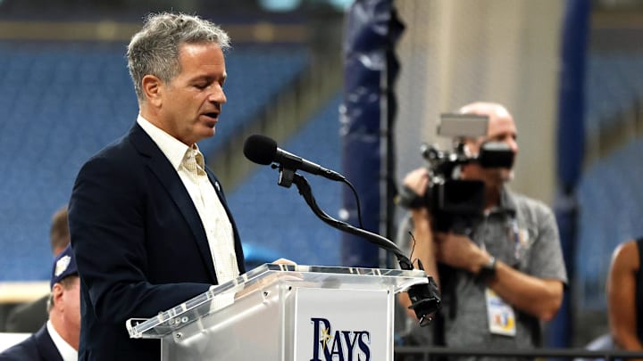 Sep 19, 2023; Tampa, FL, USA; Tampa Bay Rays principal owner Stu Sternberg talks with media as the Tampa Bay Rays announced today that a historic agreement has been reached with the City of St. Petersburg and Pinellas County to move forward with a new state-of-the-art ballpark at Tropicana Field. Mandatory Credit: Kim Klement Neitzel-Imagn Images