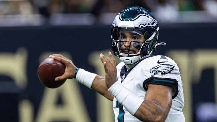 Sep 22, 2024; New Orleans, Louisiana, USA; Philadelphia Eagles quarterback Jalen Hurts (1) passes against the New Orleans Saints during the first half at Caesars Superdome. Mandatory Credit: Stephen Lew-Imagn Images Sep 22, 2024; New Orleans, Louisiana, USA; Philadelphia Eagles quarterback Jalen Hurts (1) passes against the New Orleans Saints during the first half at Caesars Superdome. Mandatory Credit: Stephen Lew-Imagn Images
