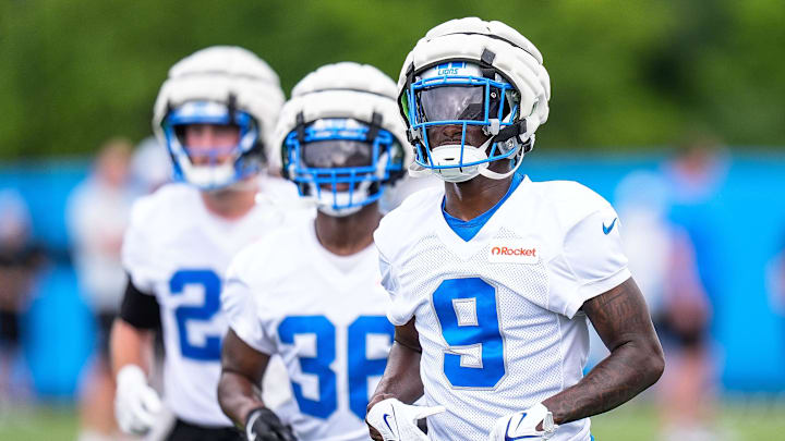 Detroit Lions cornerback Ennis Rakestraw Jr. (9) practices during training camp at Meijer Performance Center in Allen Park on Sunday, July 20, 2025.
