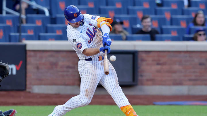 Jun 1, 2024; New York City, New York, USA; New York Mets first baseman Pete Alonso (20) hits a two run home run against the Arizona Diamondbacks during the ninth inning at Citi Field. Mandatory Credit: Brad Penner-USA TODAY Sports