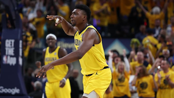 May 31, 2025; Indianapolis, Indiana, USA; Indiana Pacers center Thomas Bryant (3) celebrates after a three-point basket against the New York Knicks in the third quarter during game six of the eastern conference finals for the 2025 NBA Playoffs at Gainbridge Fieldhouse. Mandatory Credit: Trevor Ruszkowski-Imagn Images