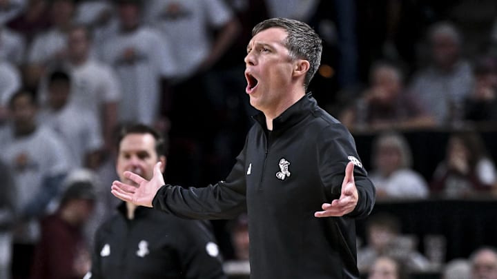 Texas A&M Aggies head coach Bucky McMillan reacts during the first half against the Mississippi State Bulldogs at Reed Arena. 
