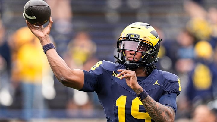 Michigan quarterback Bryce Underwood (19) throws at warm up before the spring game at Michigan Stadium in Ann Arbor on Saturday, April 19, 2025.