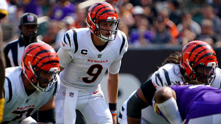 Cincinnati Bengals quarterback Joe Burrow (9) gets set to accept a snap in the fourth quarter during an NFL Week 1 football game against the Minnesota Vikings, Sunday, Sept. 12, 2021, at Paul Brown Stadium in Cincinnati. The Cincinnati Bengals won, 27-24. Cincinnati Bengals quarterback Joe Burrow (9) gets set to accept a snap in the fourth quarter during an NFL Week 1 football game against the Minnesota Vikings, Sunday, Sept. 12, 2021, at Paul Brown Stadium in Cincinnati. The Cincinnati Bengals won, 27-24.