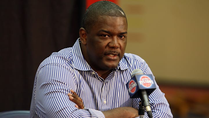 July 9, 2009; Auburn Hills, MI, USA; Detroit Pistons president Joe Dumars during the press conference to introduce their new head coach John Kuester at their practice facility. Mandatory Credit: Leon Halip-Imagn Images