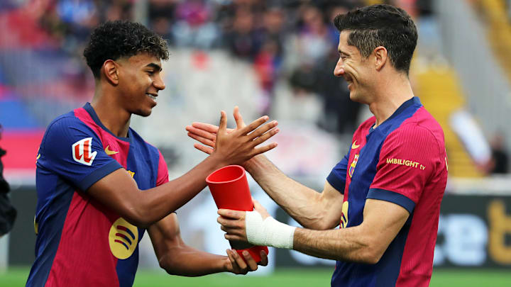 Lamine Yamal (left) and Robert Lewandowski (right) have scored a combined 25 goals for Barcelona through 16 matches.