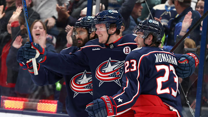 Jan 4, 2025; Columbus, Ohio, USA;  Columbus Blue Jackets left wing Dmitri Voronkov (middle) celebrates with center Sean Monahan (23) and right wing Kirill Marchenko (86) after scoring a goal against the St. Louis Blues during the first period at Nationwide Arena. Mandatory Credit: Joseph Maiorana-Imagn Images