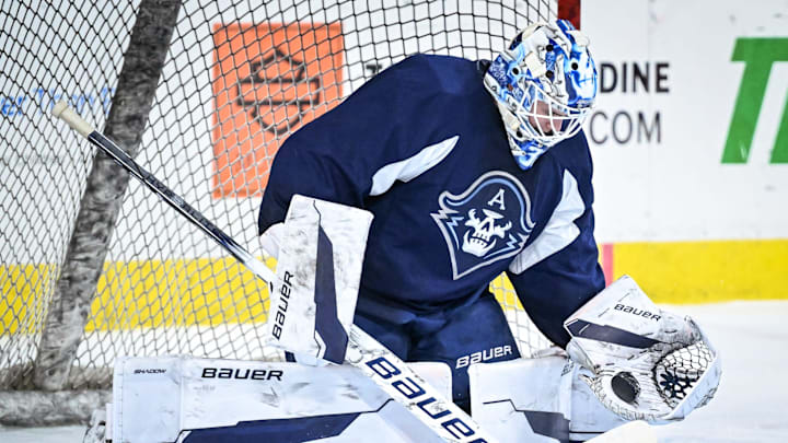 Goaltender Matt Murray gloves the puck during Milwaukee Admirals practice Wednesday, December 11, 2024, at the UW-Milwaukee Panther Arena in Milwaukee, Wisconsin.