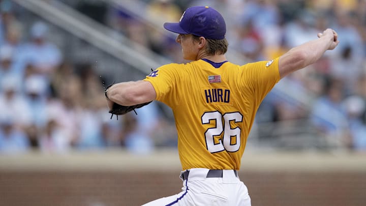 Jun 2, 2024; Chapel Hill, NC, USA; Louisiana State Tigers pitcher Thatcher Hurd (26) pitches against the North Carolina Tar Heels during the Div. I NCAA baseball regional at Boshamer Stadium.  Mandatory Credit: Jeffrey Camarati-USA TODAY Sports
