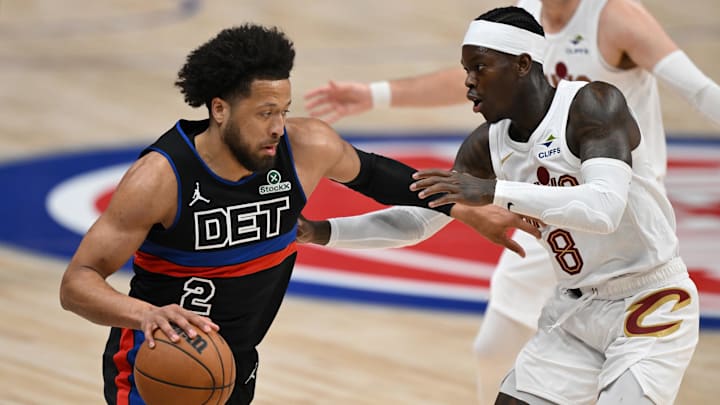 Feb 27, 2026; Detroit, Michigan, USA; Detroit Pistons guard Cade Cunningham (2) tries to drive past Cleveland Cavaliers guard Dennis Schroder (8) in the first half at Little Caesars Arena. Mandatory Credit: Lon Horwedel-Imagn Images Feb 27, 2026; Detroit, Michigan, USA; Detroit Pistons guard Cade Cunningham (2) tries to drive past Cleveland Cavaliers guard Dennis Schroder (8) in the first half at Little Caesars Arena. Mandatory Credit: Lon Horwedel-Imagn Images
