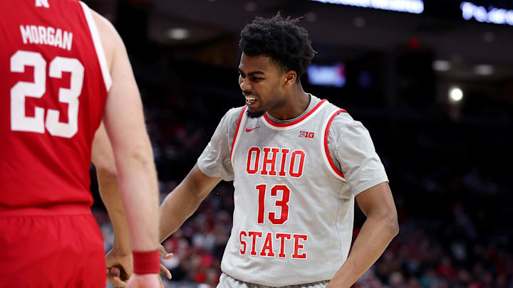 Mar 4, 2025; Columbus, Ohio, USA; Ohio State Buckeyes forward Sean Stewart (13) celebrates a basket during the second half against the Nebraska Cornhuskers at Value City Arena. Mandatory Credit: Joseph Maiorana-Imagn Images Mar 4, 2025; Columbus, Ohio, USA; Ohio State Buckeyes forward Sean Stewart (13) celebrates a basket during the second half against the Nebraska Cornhuskers at Value City Arena. Mandatory Credit: Joseph Maiorana-Imagn Images