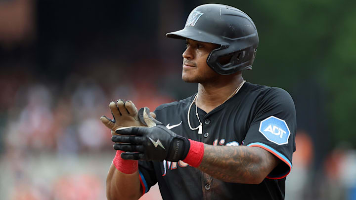 Jul 12, 2025; Baltimore, Maryland, USA; Miami Marlins outfielder Dane Myers (54) celebrates after hitting a single during the seventh inning against the Baltimore Orioles at Oriole Park at Camden Yards. Mandatory Credit: Daniel Kucin Jr.-Imagn Images